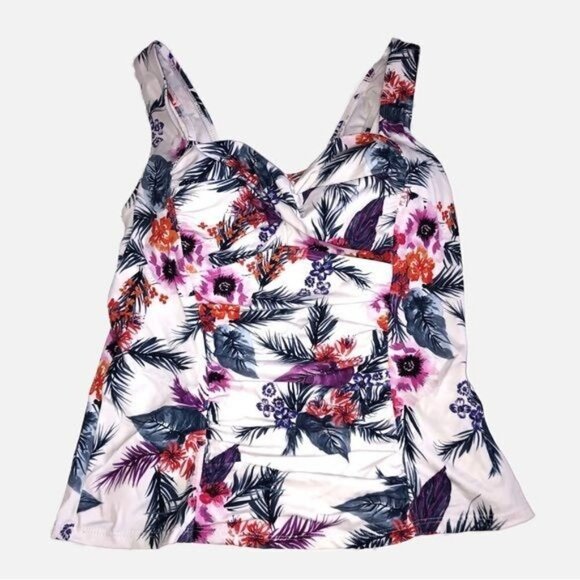 Swimsuits For All Size 8 Tropical Floral Tankini Top White Purple Ruched - Picture 1 of 7